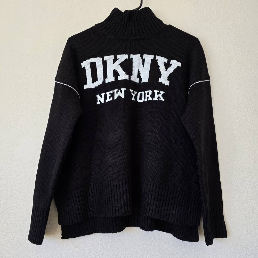 Donna Karan DKNY Women's‎ Sz Small Black Intarsia Logo Turtleneck Sweater Cozy